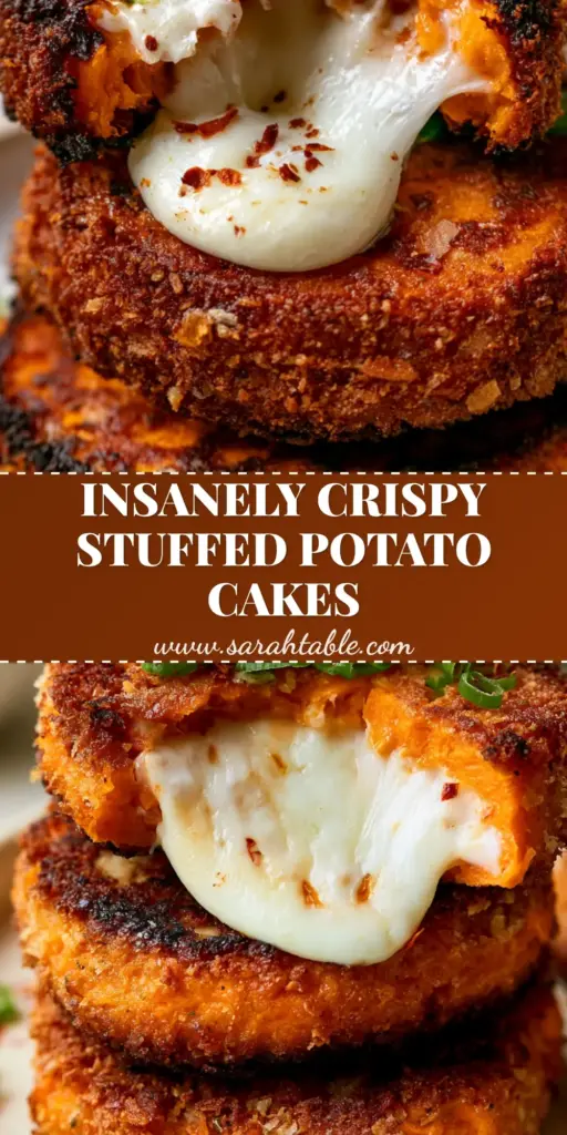 A stack of three golden-brown stuffed sweet potato cakes showing a gooey melted mozzarella cheese center and crispy panko crust.