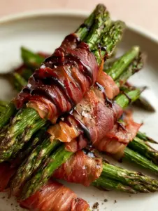 Extreme close-up of crispy rendered prosciutto spirals on green asparagus spears. (Prosciutto Wrapped Asparagus)