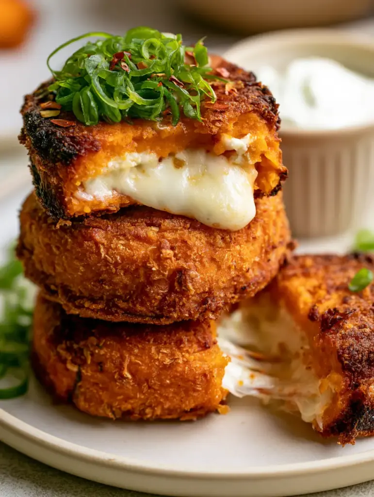 A close up shot of stuffed sweet potato cakes on a cream plate garnished with scallions and chili flakes.