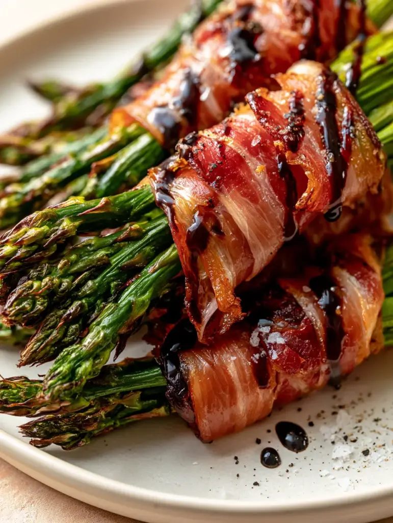 A minimalist white plate holding a stack of Prosciutto Wrapped Asparagus with glossy balsamic droplets.