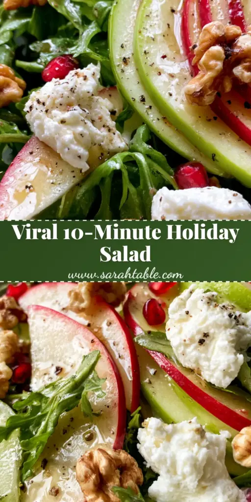 A vertical shot of a vibrant Apple Arugula Salad with glistening vinaigrette, paper-thin red and green apple slices, and goat cheese crumbles in a matte white bowl.