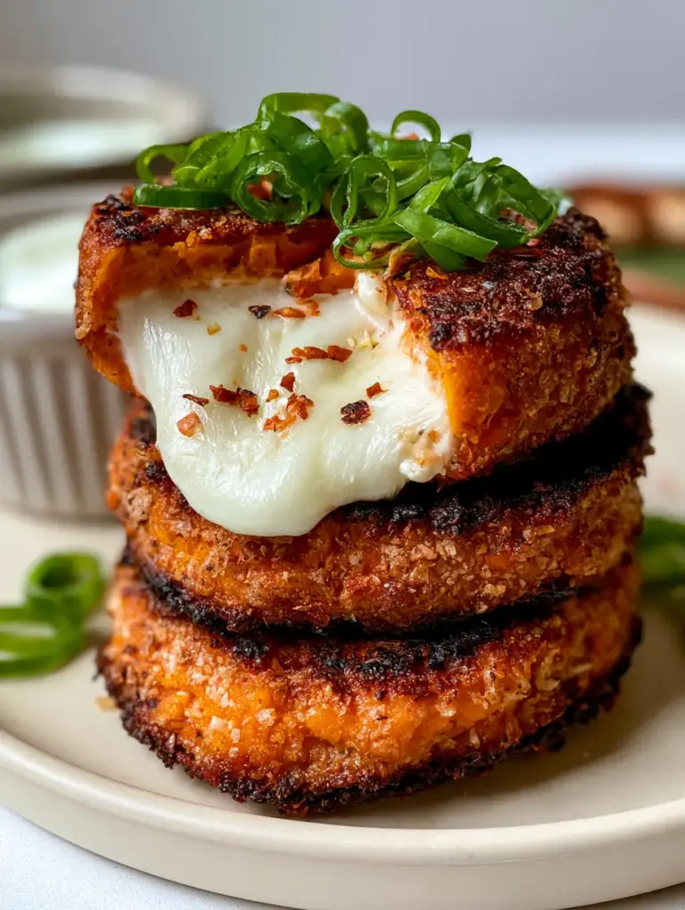 Three pan-seared stuffed sweet potato cakes stacked vertically with visible panko crumbs and scallions.