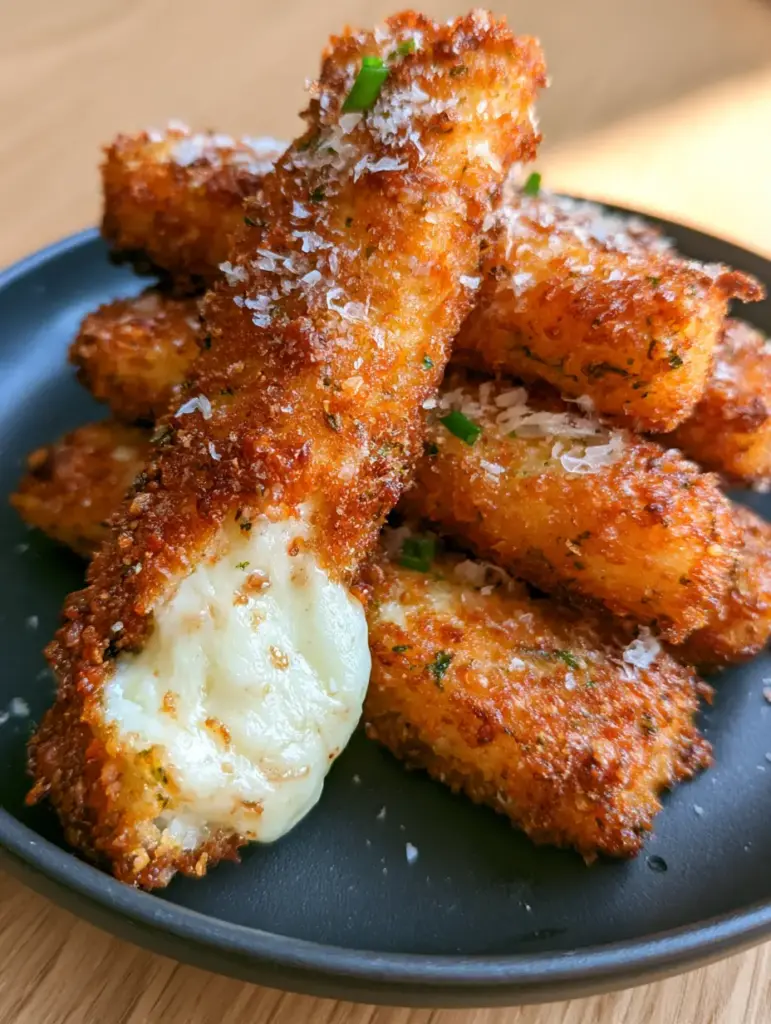 Cottage Cheese Cheese Sticks with a Crispy Parmesan Crust 1 A broken cottage cheese cheese stick revealing a steaming, molten white center and a long cheese pull on a charcoal plate.