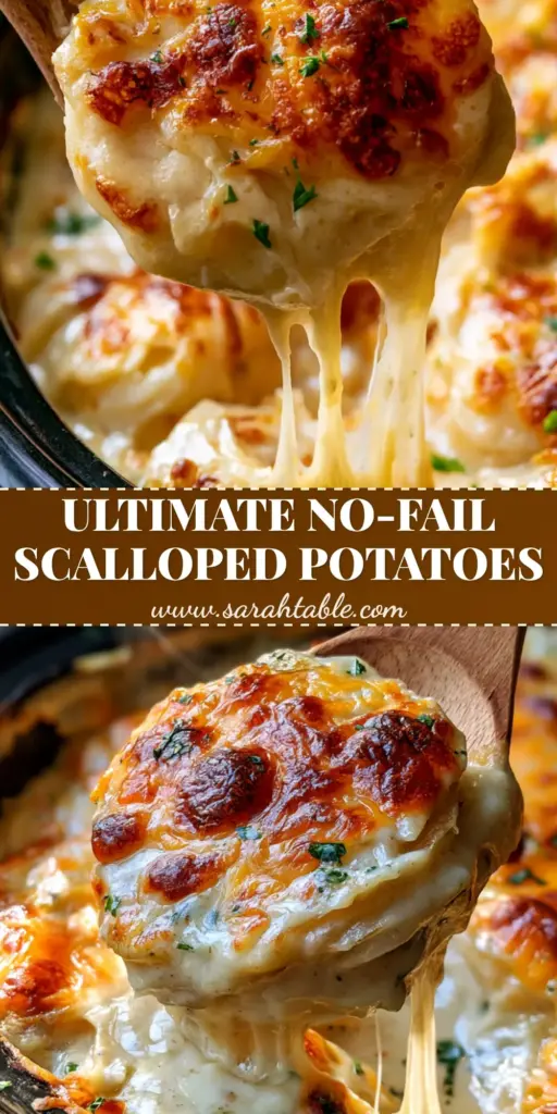 Cheesy Scalloped Potatoes: The Ultimate Slow Cooker Comfort Food 4 A wooden spoon lifting a serving of cheesy scalloped potatoes from a black slow cooker, showing wafer-thin layers and a long cheese pull.