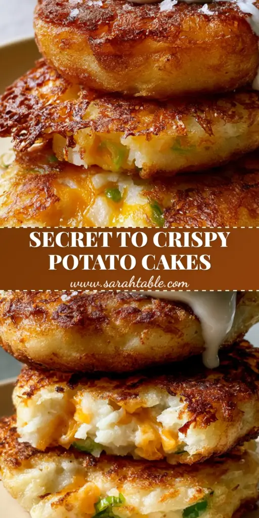 Potato Cakes: The Ultimate Crispy and Cheesy Comfort Food 4 A stack of three crispy Potato Cakes with a deep golden-brown crust, topped with sour cream and green onions on a matte ceramic plate.