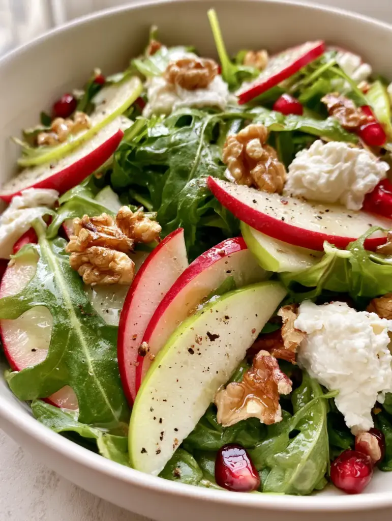 Close-up of goat cheese crumbles and toasted walnuts nestled among peppery arugula leaves in an Apple Arugula Salad.