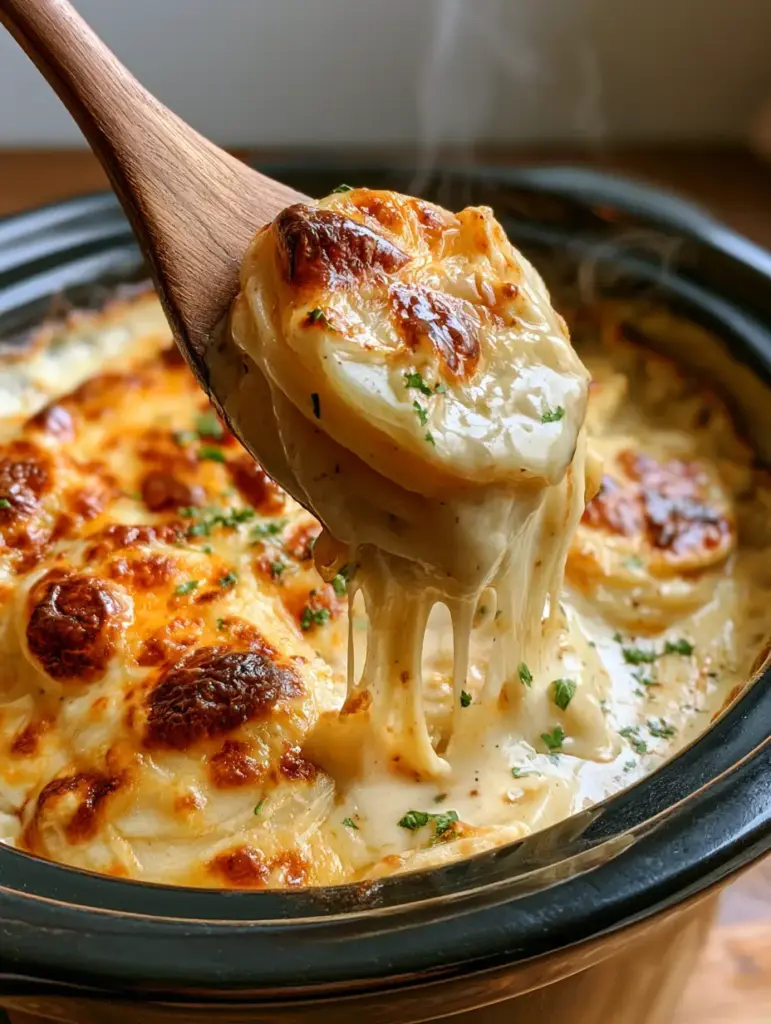 Close up shot of cheesy scalloped potatoes in a black ceramic slow cooker with steam rising and fresh parsley garnish.