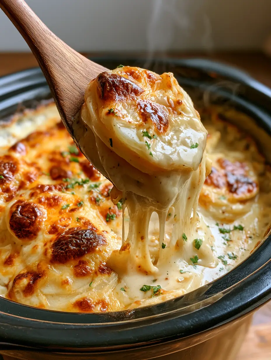 Cheesy Scalloped Potatoes: The Ultimate Slow Cooker Comfort Food 3 Close up shot of cheesy scalloped potatoes in a black ceramic slow cooker with steam rising and fresh parsley garnish.