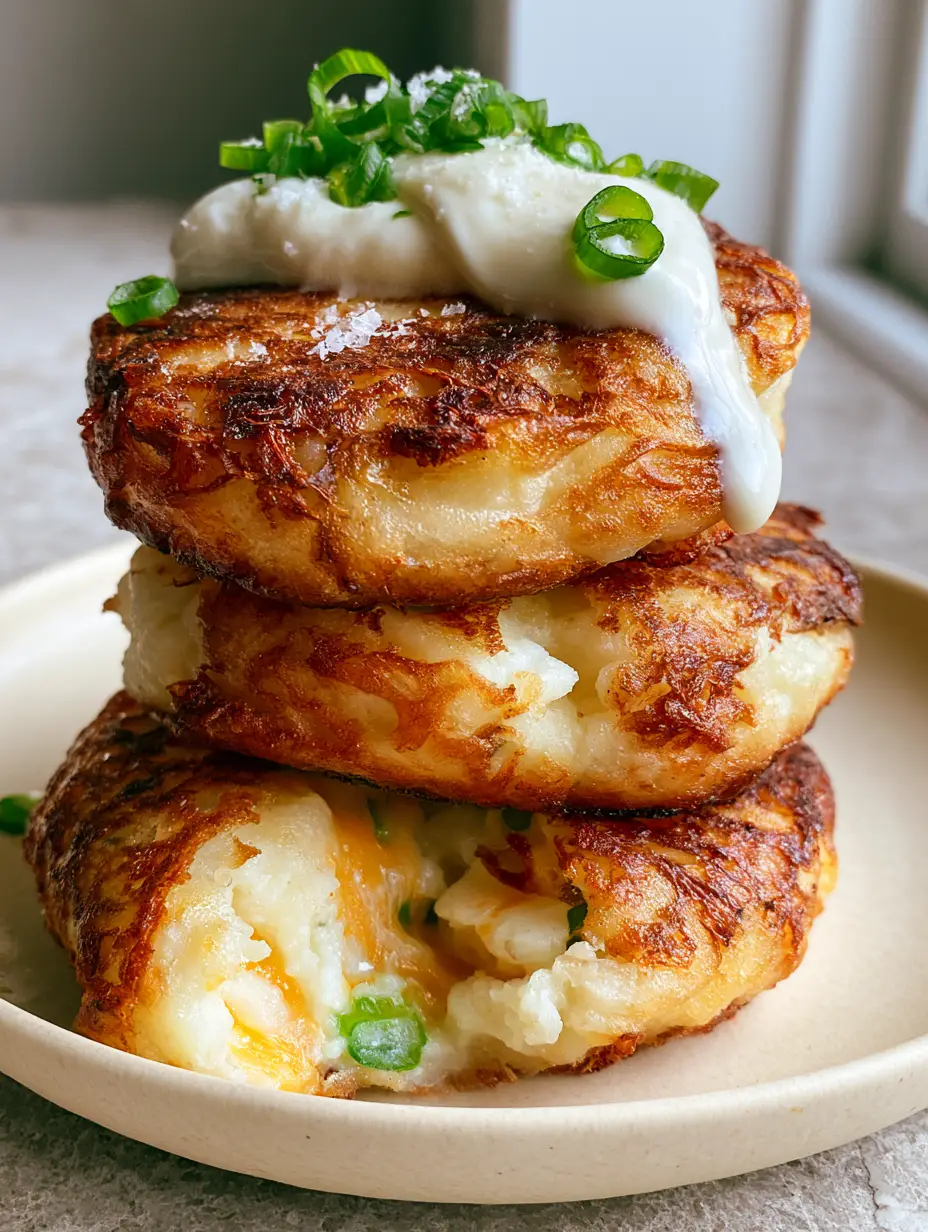 Potato Cakes: The Ultimate Crispy and Cheesy Comfort Food 3 Close up of Potato Cakes showing the lacy golden-brown edges and melted cheddar cheese streaks inside.