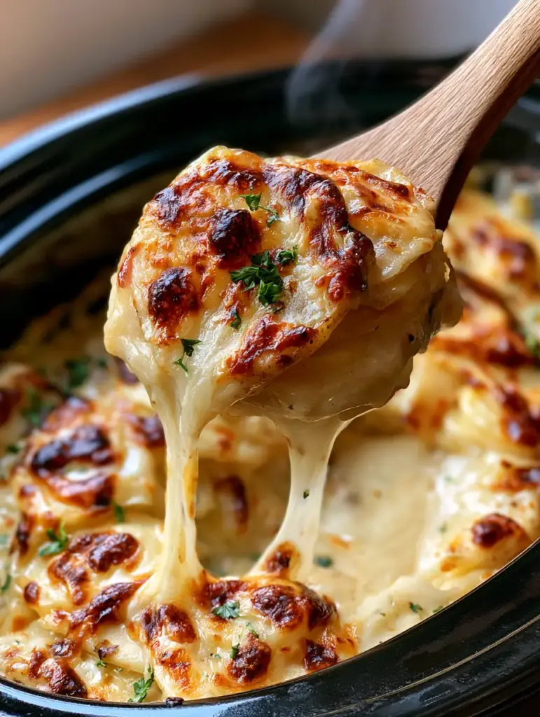 Cheesy Scalloped Potatoes: The Ultimate Slow Cooker Comfort Food 1 A portion of cheesy scalloped potatoes being served, showing the hundreds of wafer-thin layers and thick cream sauce.