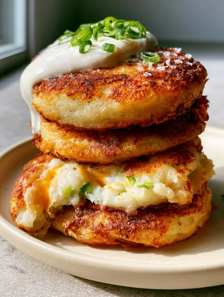 Potato Cakes: The Ultimate Crispy and Cheesy Comfort Food 1 Handheld smartphone photo of Potato Cakes with a dollop of sour cream dripping down the side.