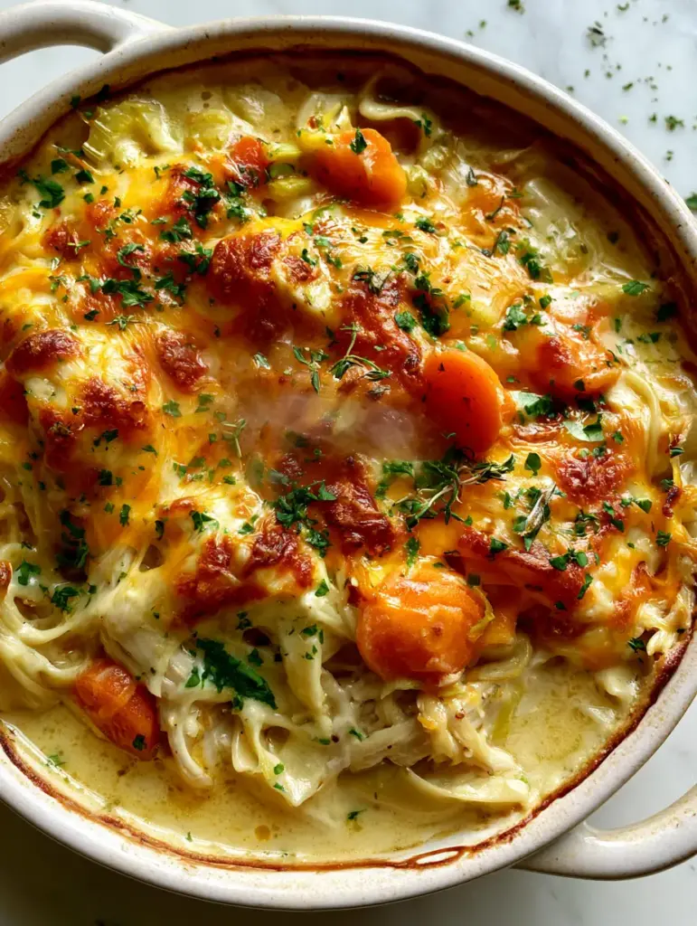 Close up of melted sharp cheddar cheese with toasted brown spots on a chicken casserole. (comfort food recipes)