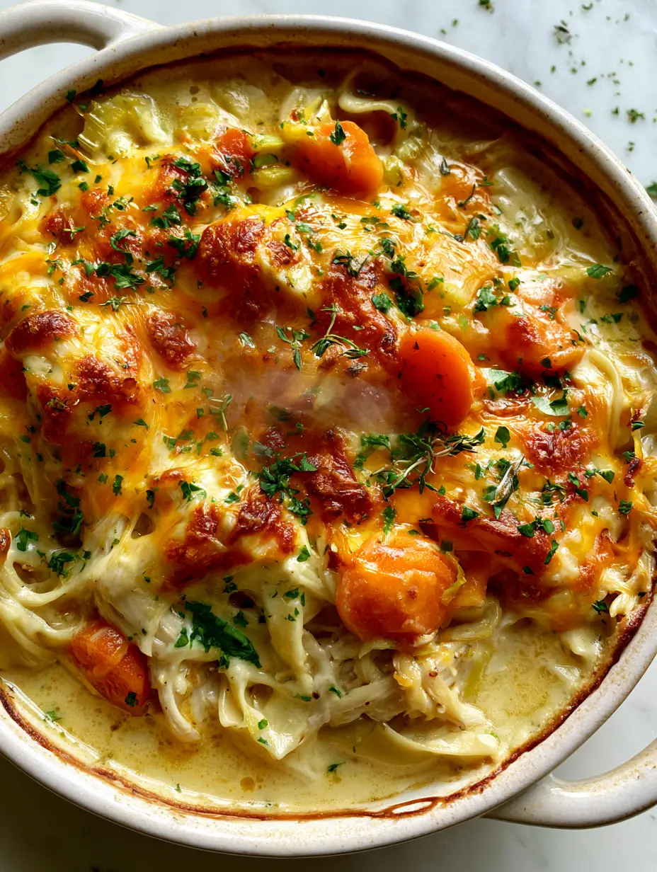 Comfort food recipes: The Ultimate Creamy Cheddar Chicken and Noodle Bake 3 Close up of melted sharp cheddar cheese with toasted brown spots on a chicken casserole. (comfort food recipes)