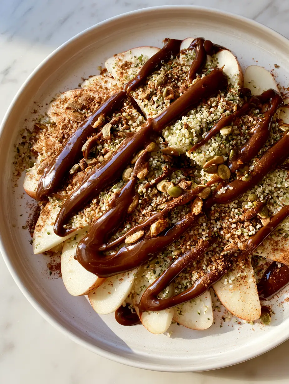 Apple and almond butter snack with Hemp Hearts and Cinnamon 4 Handheld photo of a white ceramic plate with an Apple and almond butter snack, featuring juicy wedges and toasted seeds. (Apple and almond butter snack)