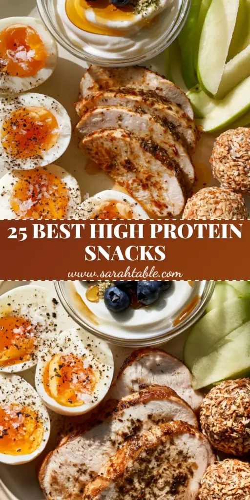 A diverse platter of healthy snacks on the go including jammy soft-boiled eggs with sea salt and seared herb turkey breast.