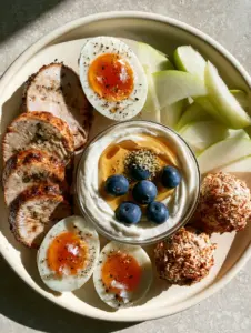 Close up of jammy soft-boiled eggs and herb-crusted turkey breast as healthy snacks on the go.