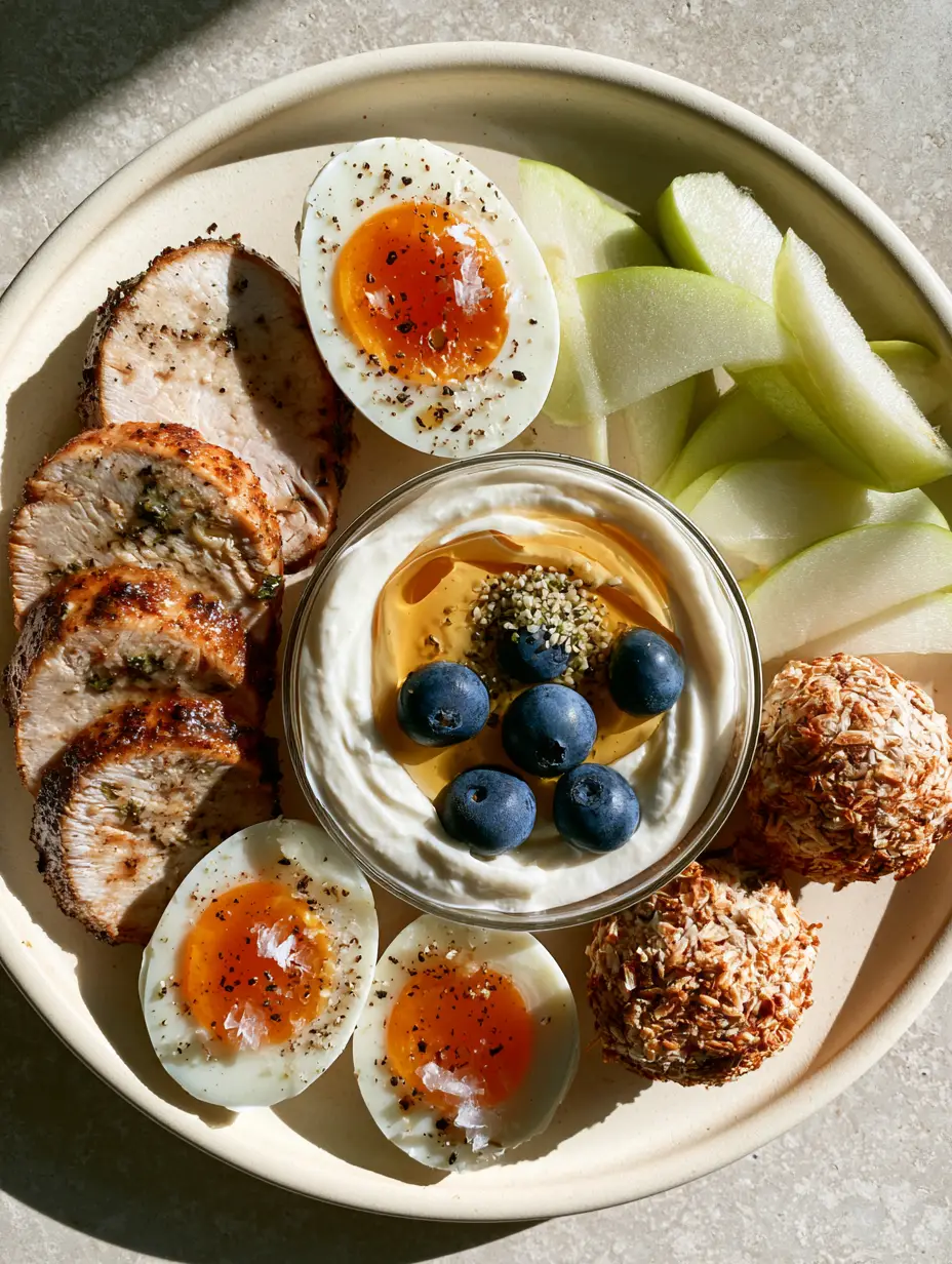 Close up of jammy soft-boiled eggs and herb-crusted turkey breast as healthy snacks on the go.