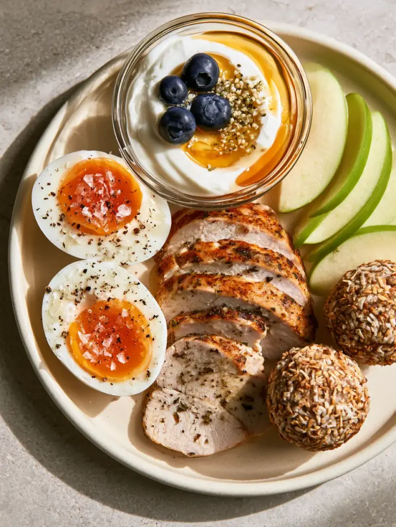 Greek yogurt with blueberries and toasted coconut energy balls arranged as healthy snacks on the go.