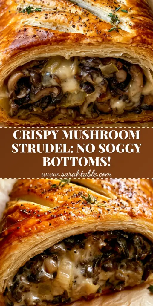 A close-up of a sliced Mushroom Strudel with golden flaky pastry, creamy mushroom filling, and fresh thyme on parchment paper.