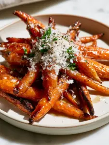 A close up view of charred, blistered Roasted Carrots with a thick amber honey glaze.