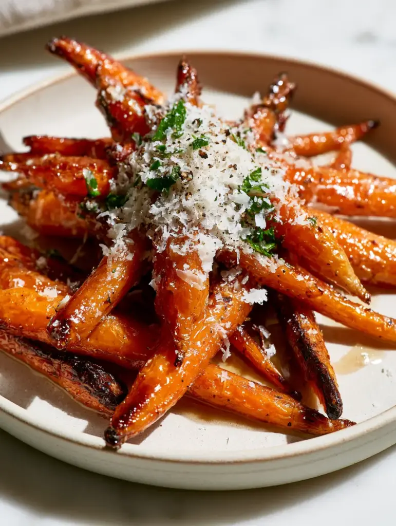 A close up view of charred, blistered Roasted Carrots with a thick amber honey glaze.