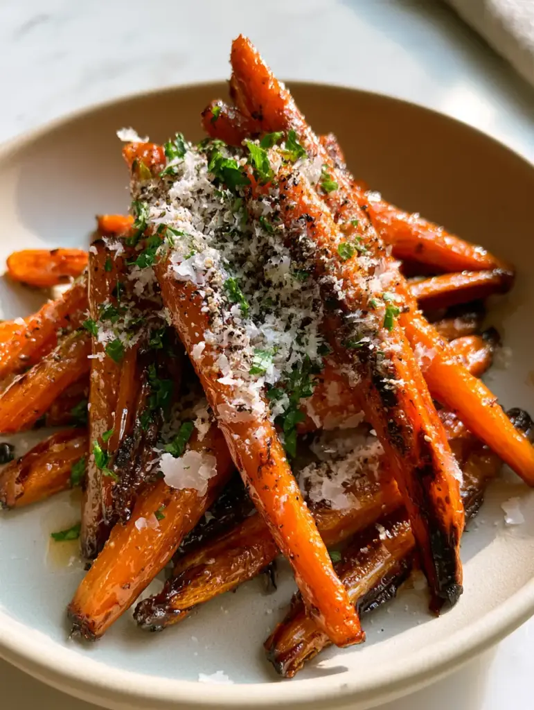 Roasted Carrots arranged on a white ceramic plate with a heavy dusting of parmesan and parsley.