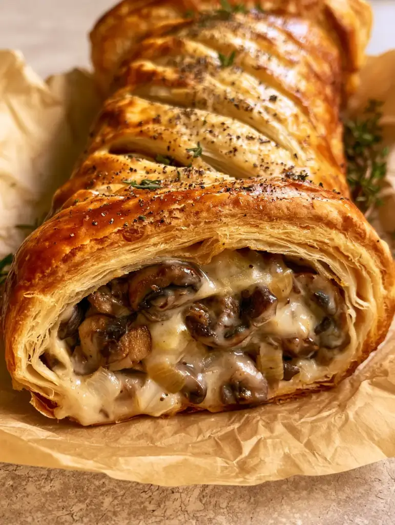 Eye-level shot of Mushroom Strudel revealing a thick ivory cream sauce and dark cremini mushrooms inside flaky layers.