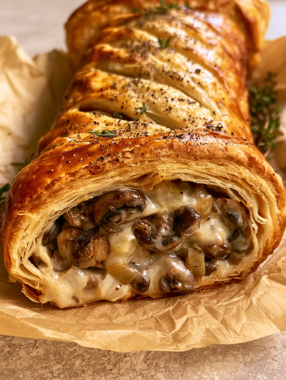 Eye-level shot of Mushroom Strudel revealing a thick ivory cream sauce and dark cremini mushrooms inside flaky layers.
