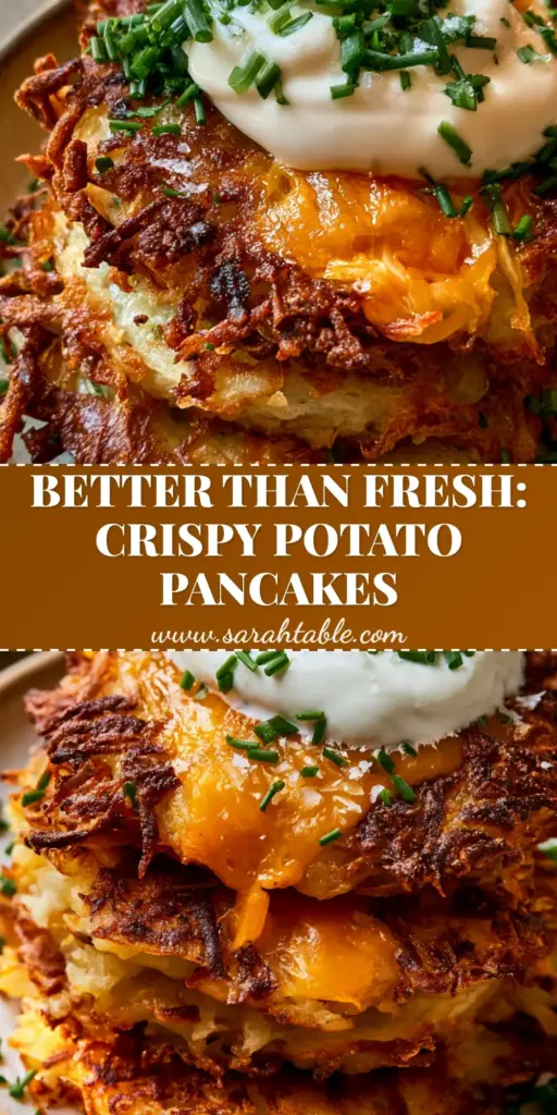 Leftover Mashed Potatoes Into Crispy Cheesy Potato Patties 3 A stack of three crispy pan-fried leftover mashed potatoes patties with lacy edges, topped with sour cream, chives, and melted cheddar.
