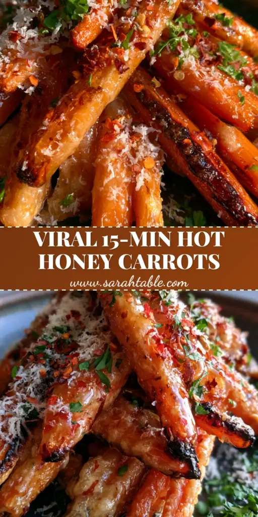 A mountain of Hot Honey Parmesan Carrots with a thick golden crust and glossy honey glaze on a dark plate.