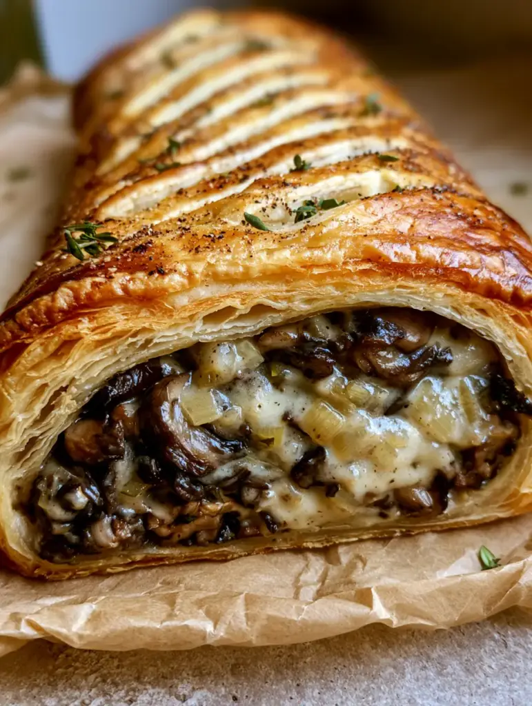 Close-up of golden brown scored puff pastry top of a Mushroom Strudel with cracked black pepper and thyme.