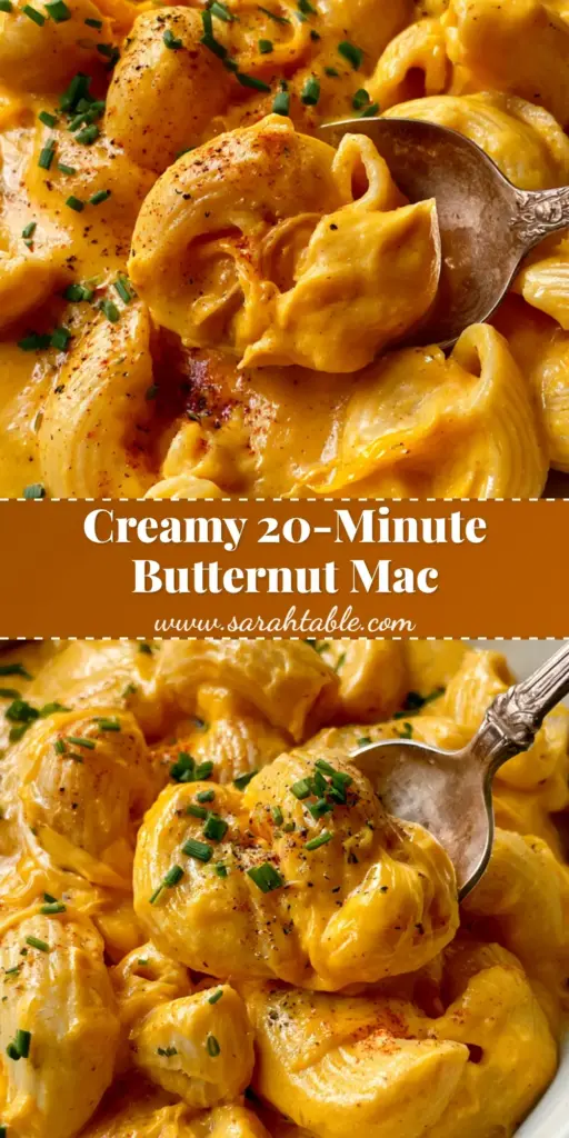 A top-down view of a creamy bowl of Butternut Squash Mac and Cheese with ridged pasta, chives, and smoked paprika.
