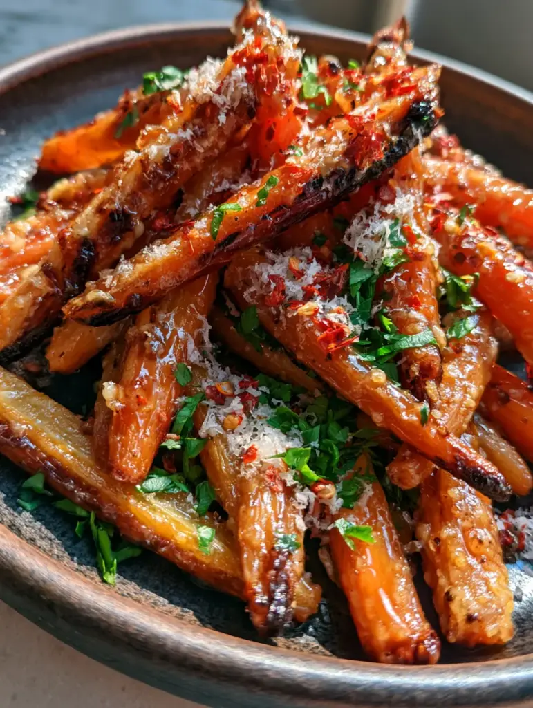 Close up of deeply charred and blistered Hot Honey Parmesan Carrots with toasted cheese crust.