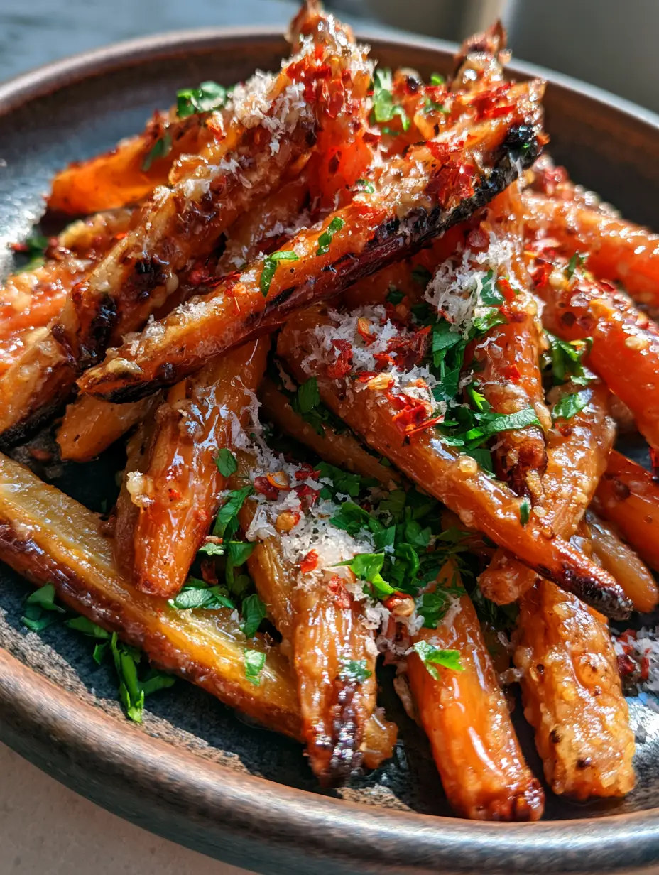 Close up of deeply charred and blistered Hot Honey Parmesan Carrots with toasted cheese crust.