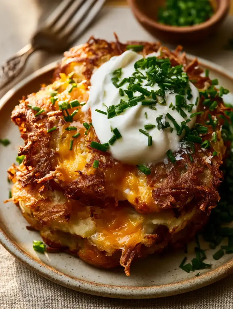 Close-up of golden brown lacy crust on pan-fried leftover mashed potatoes with visible melted sharp cheddar cheese shards.