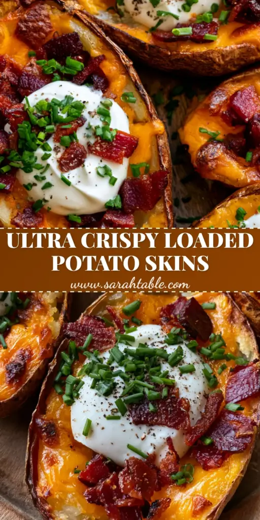 Potato Skins: The Ultimate Crispy Loaded Pub-Style Appetizer 3 A rustic wooden platter filled with ultra-crispy Potato Skins featuring blistered edges, melted sharp orange cheddar, thick-cut bacon, and smooth sour cream dollops.