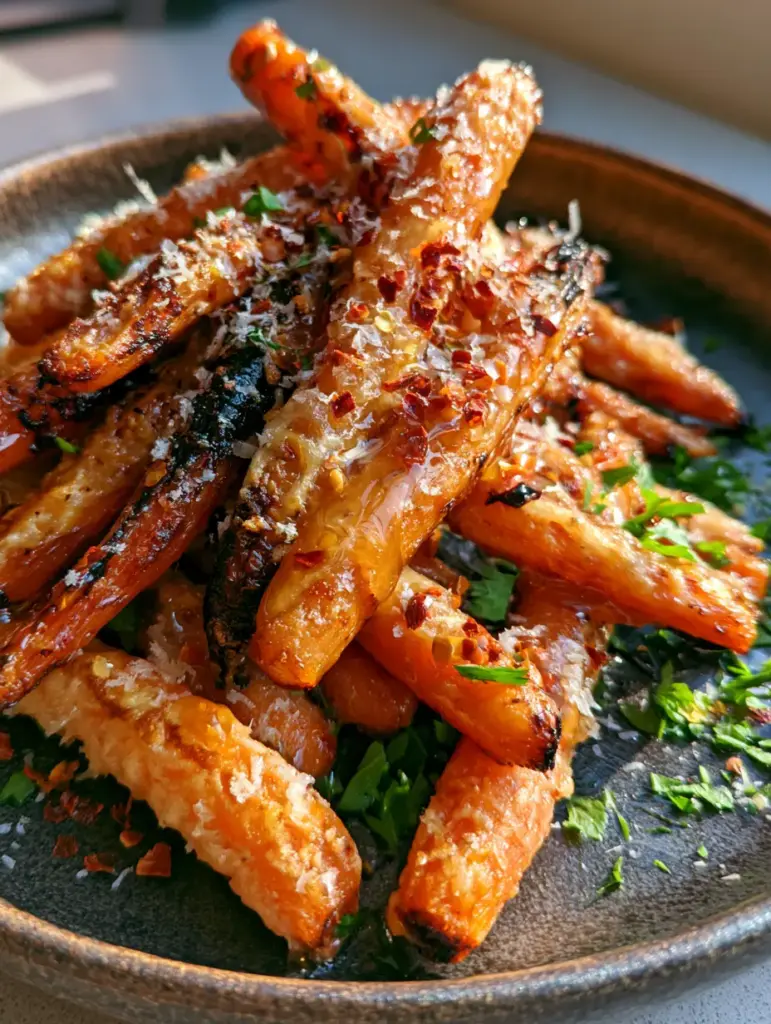 A stack of glossy Hot Honey Parmesan Carrots garnished with snow-like parmesan and red pepper flakes.