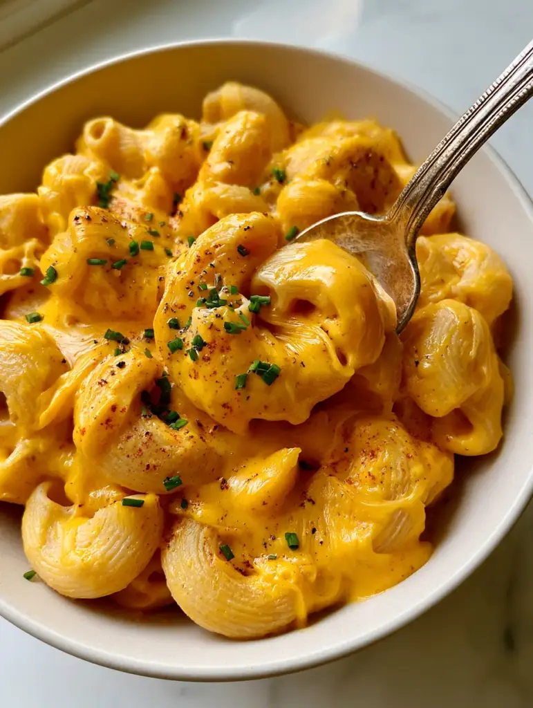 A close-up handheld photo showing a spoonful of Butternut Squash Mac and Cheese with visible melted cheddar ribbons and chives.
