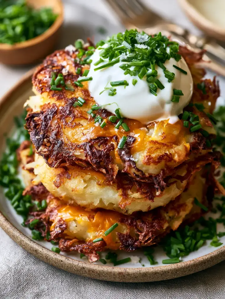 Leftover Mashed Potatoes Into Crispy Cheesy Potato Patties 1 Authentic home-cooked stack of potato pancakes made from leftover mashed potatoes on a rustic ceramic plate.