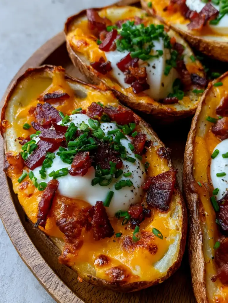 Close up view of Potato Skins on a rustic platter showing bubbling orange cheddar cheese and dark red bacon crumbles.