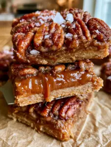 Extreme macro close-up of a vegan paleo pecan pie bar being lifted, revealing a thick glistening amber caramel center.