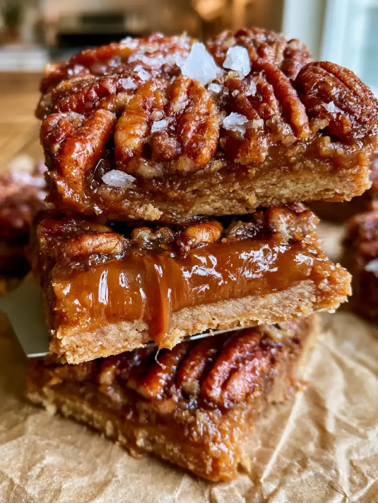 Extreme macro close-up of a vegan paleo pecan pie bar being lifted, revealing a thick glistening amber caramel center.