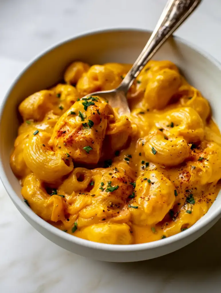 A matte white bowl filled with golden Butternut Squash Mac and Cheese on a marble surface.
