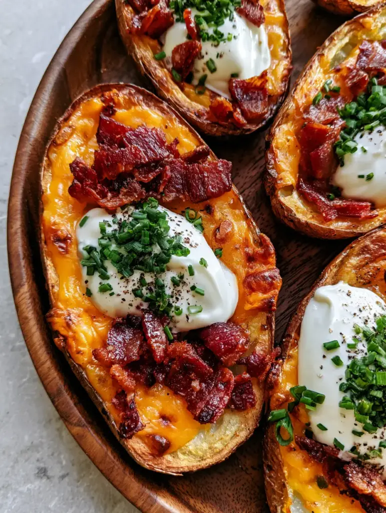 Potato Skins: The Ultimate Crispy Loaded Pub-Style Appetizer 1 Handheld smartphone photo of loaded Potato Skins garnished with fresh chives and cracked black pepper.