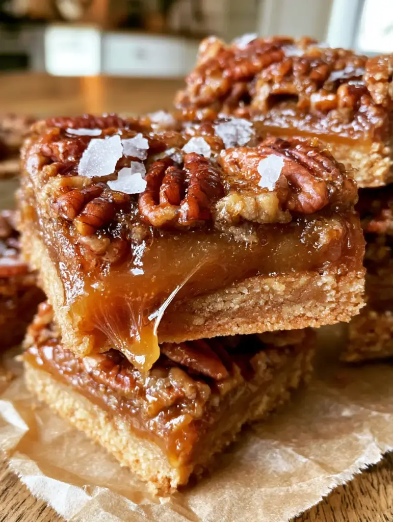 Densely packed toasted pecan halves and flaky sea salt crystals on top of a vegan paleo pecan pie bar.