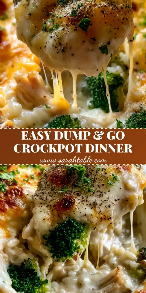 A close-up of a scooped crockpot broccoli rice casserole showing a long stringy cheese pull and emerald broccoli.