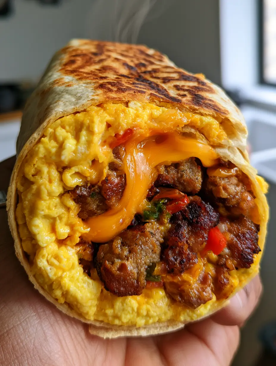 A clean sharp cross-section of a thick breakfast burrito showing fluffy eggs and seared sausage (freezer breakfast burritos)
