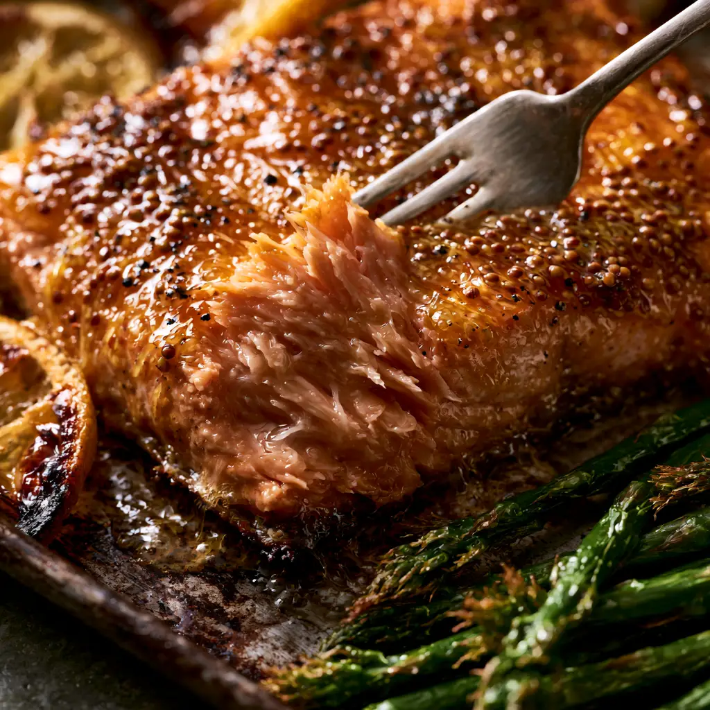 Baked Dijon Salmon with Honey Mustard Glaze and Roasted Asparagus 1 Macro view of bubbling honey dijon glaze with whole grain mustard seeds on top of a baked salmon fillet.