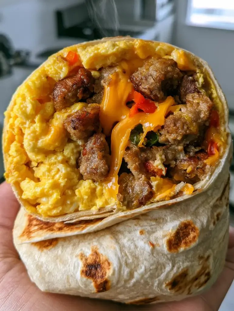Hand holding a toasted breakfast burrito with golden-brown blister marks (freezer breakfast burritos)