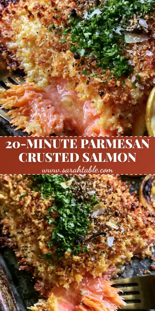 A top-down macro shot of Parmesan Crusted Baked Salmon on a zinc pan with charred lemon wheels and fresh parsley.